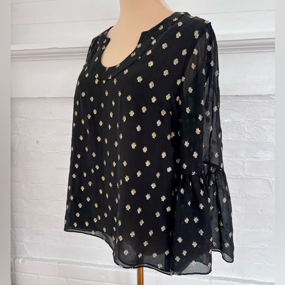 Lilly Pulitzer Amory Starry Silk Chiffon Blouse Black Gold Metallic Bell Sleeve - Picture 7 of 17
